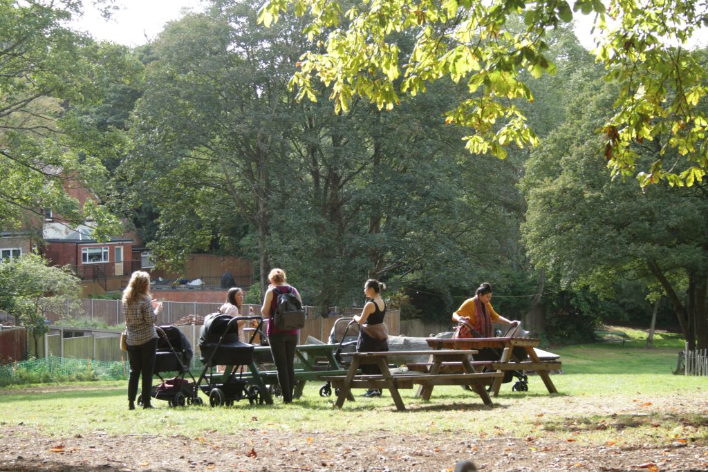 A group of mums with buggies enjoy the autumn sunshine in our main meadow