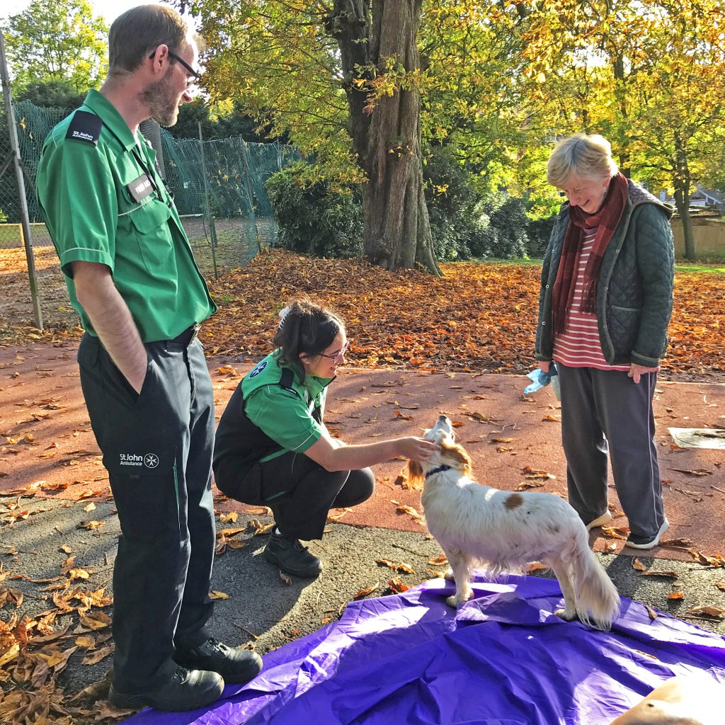 A photo of two first aiders chatting to an older lady and her dog, against a background of autumn leaves